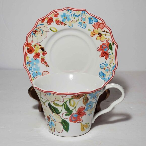 222 Fifth Teacup and Saucer Orange and Blue Flowers - Picture 7 of 7